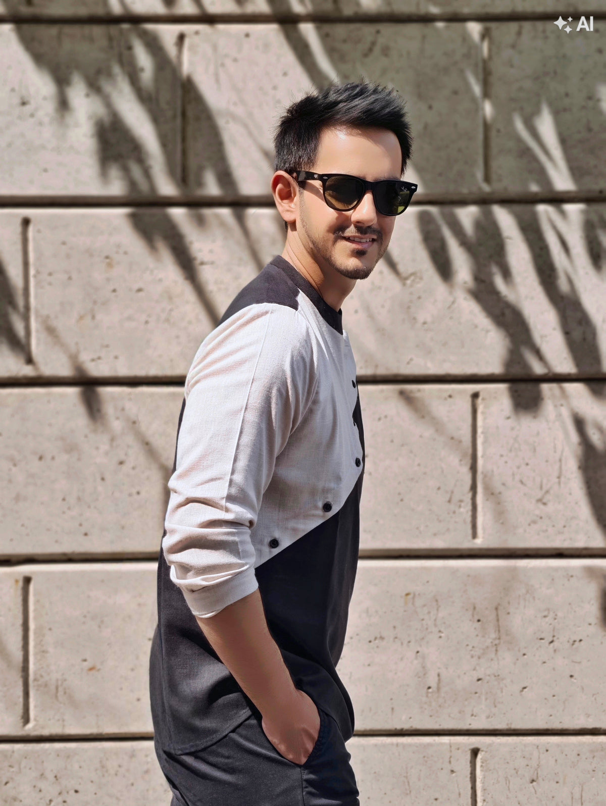 Black & Ecru Asymmetric Linen Short Kurta
