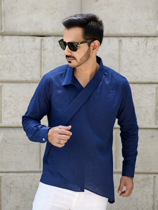 Men’s Navy Asymmetrical Casual Wrap Linen Kurta Shirt