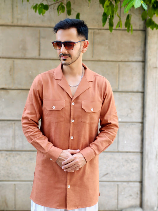 Men’s Coat Collar Rust Brown Button-Down Kurta with White Dhoti Salwar | Ethnic & Festive Wear