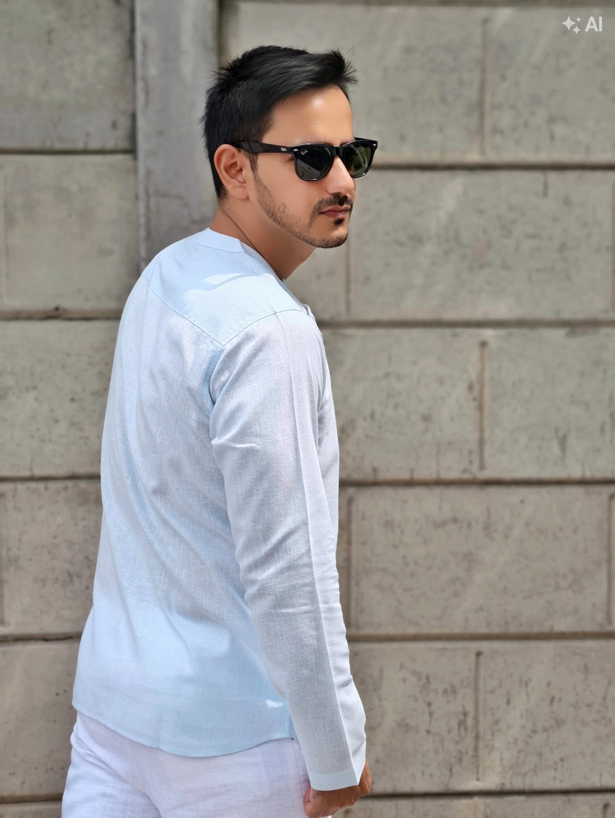 White & Sky Blue Asymmetric Linen Short Kurta