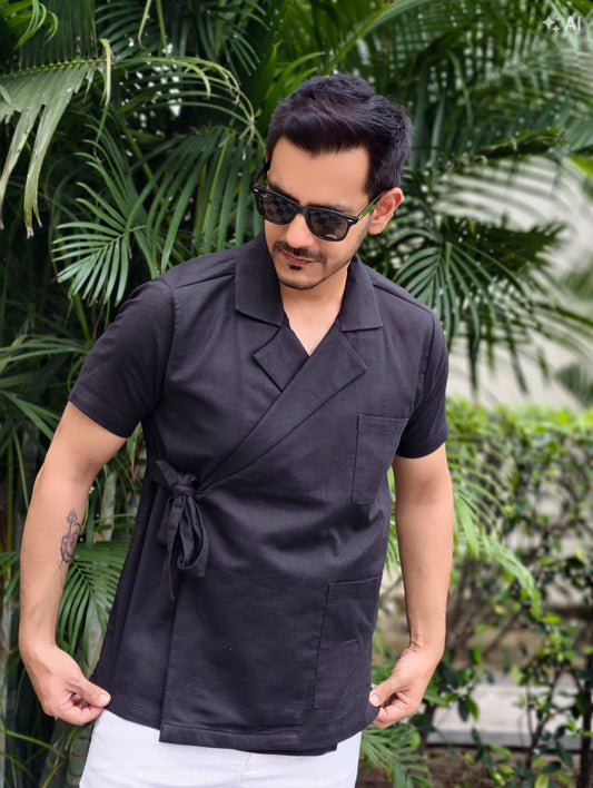 Men’s Black Wrapped Jacket Style Knot Shirt