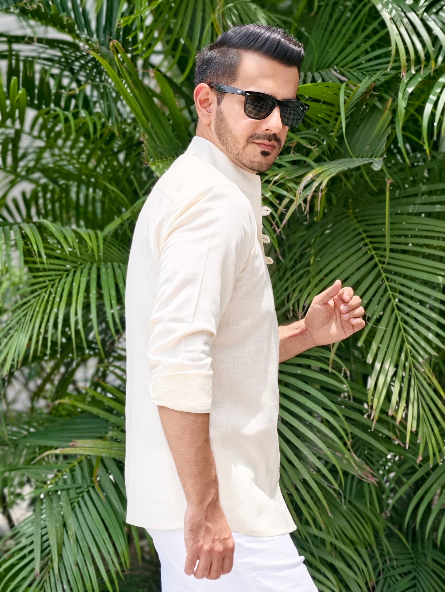 Men's Mandarin Looped Button Linen Cotton Shirt