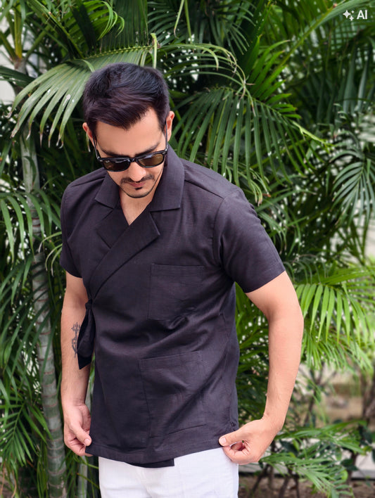 Men’s Black Wrapped Jacket Style Knot Shirt