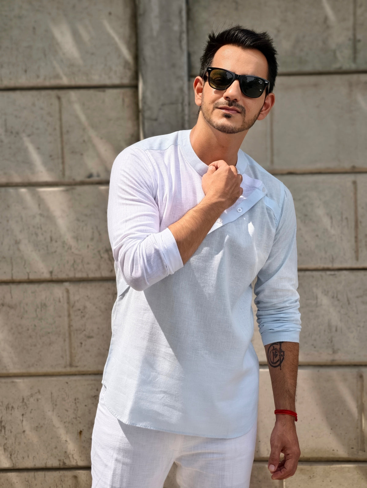 White & Sky Blue Asymmetric Linen Short Kurta