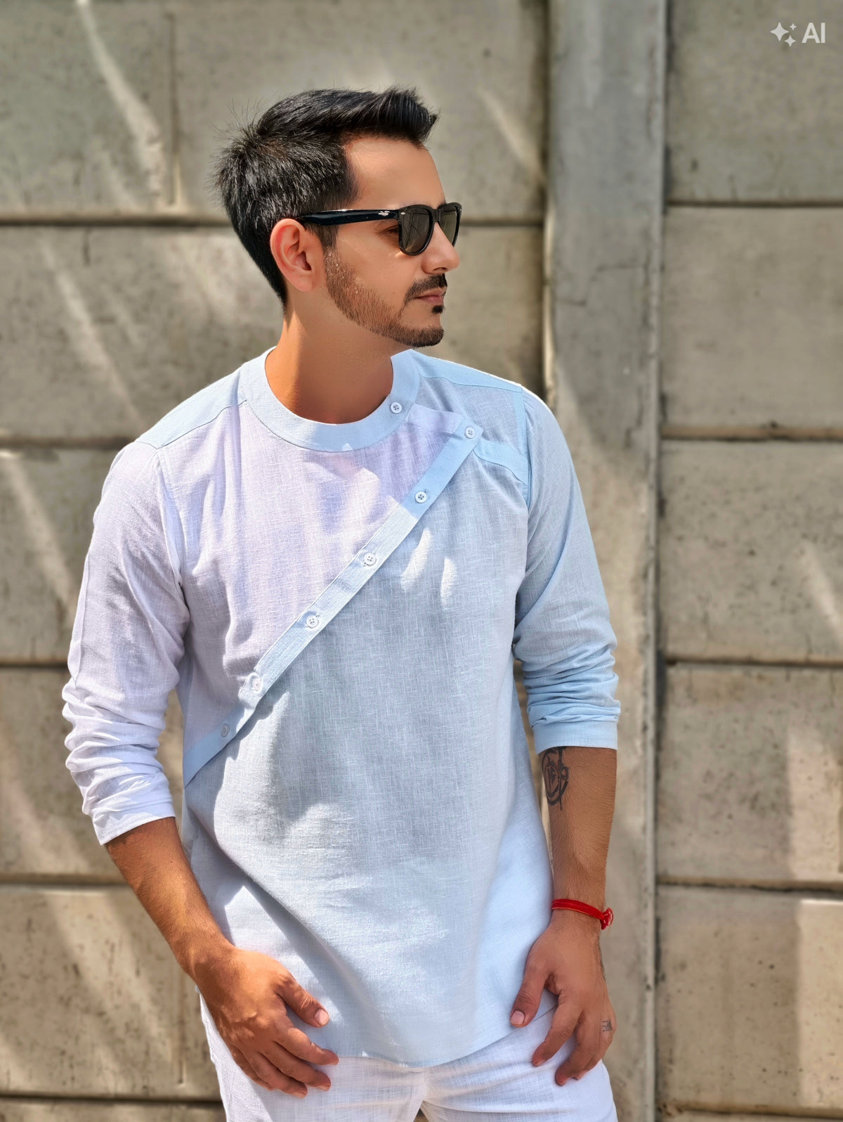 White & Sky Blue Asymmetric Linen Short Kurta