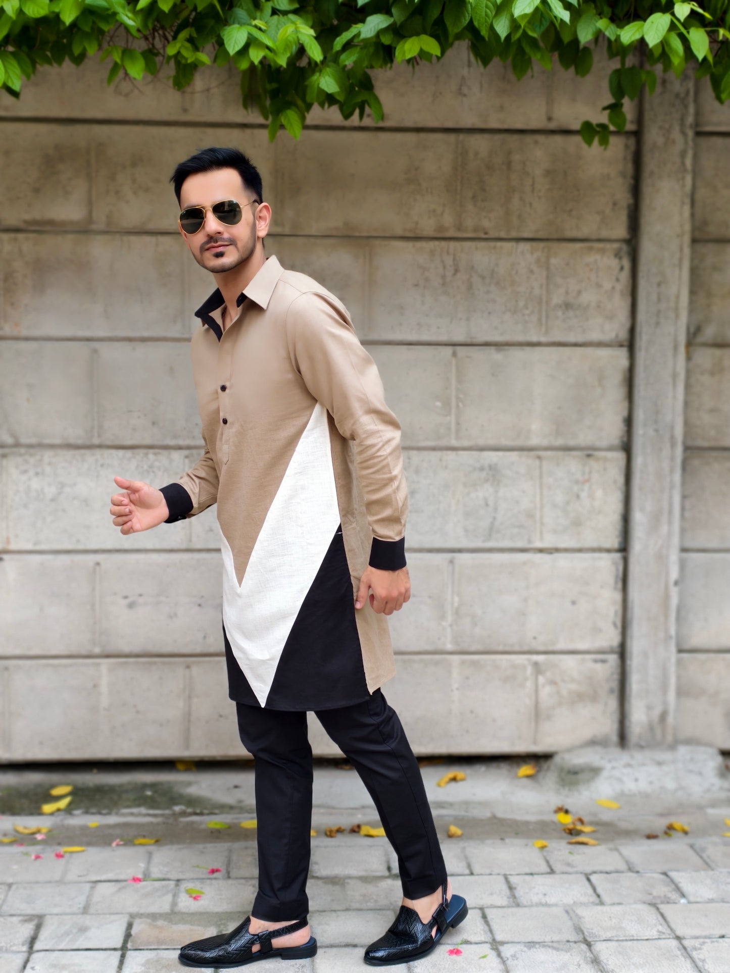 Men’s Designer Black, Khaki and Cream V-Style Contrast Kurta Pajama Set | Stylish Ethnic Wear for Weddings & Parties