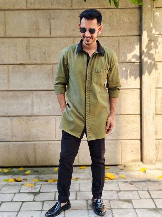 Men’s Olive Green Long Kurta Shirt with Designer Contrast Collar & Cuff with Black Pants | Festive & Party Wear