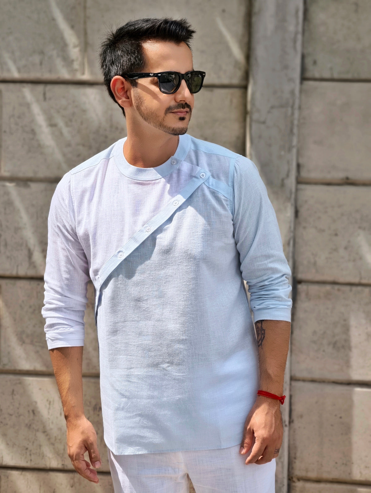 White & Sky Blue Asymmetric Linen Short Kurta