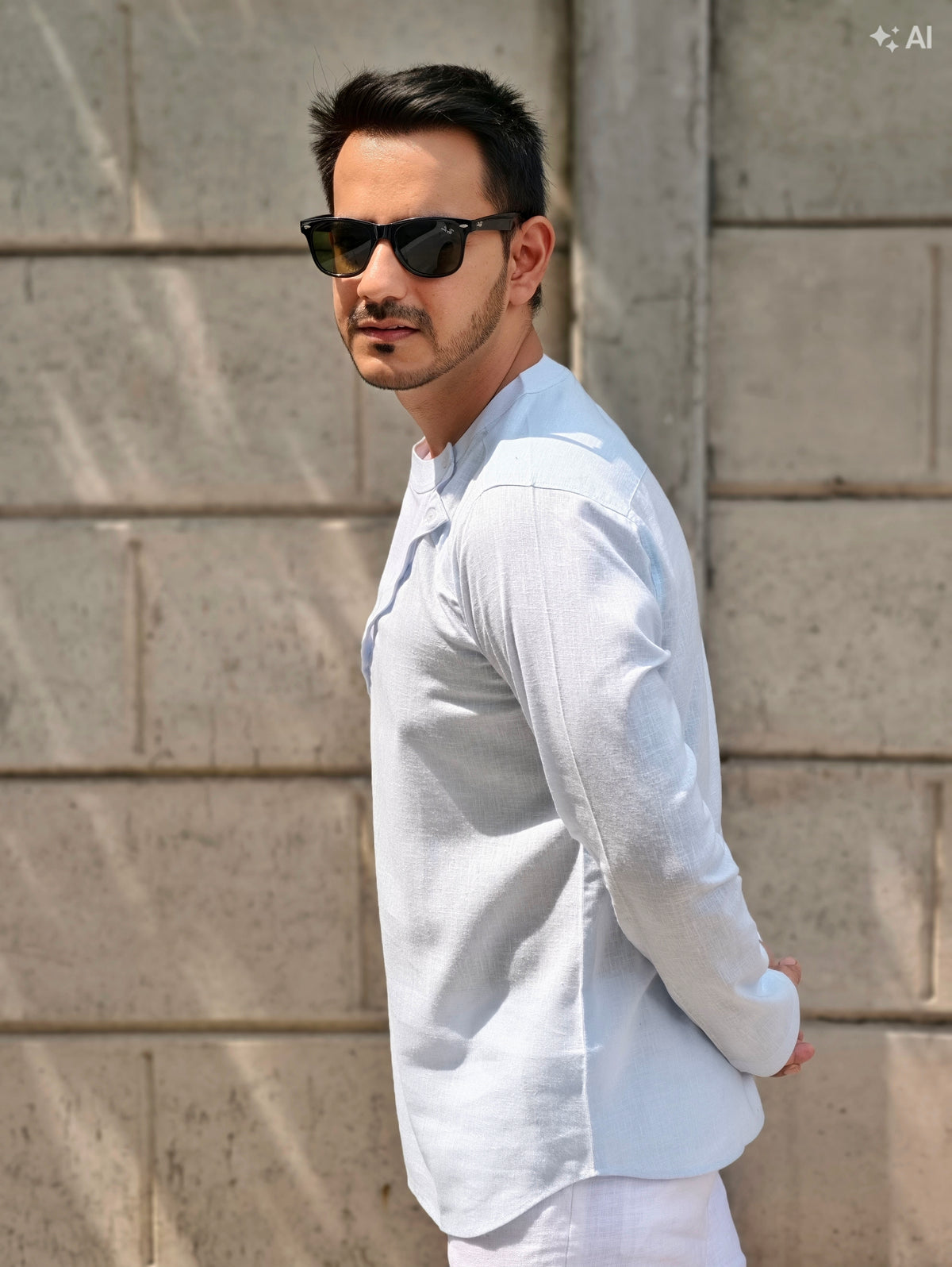 White & Sky Blue Asymmetric Linen Short Kurta
