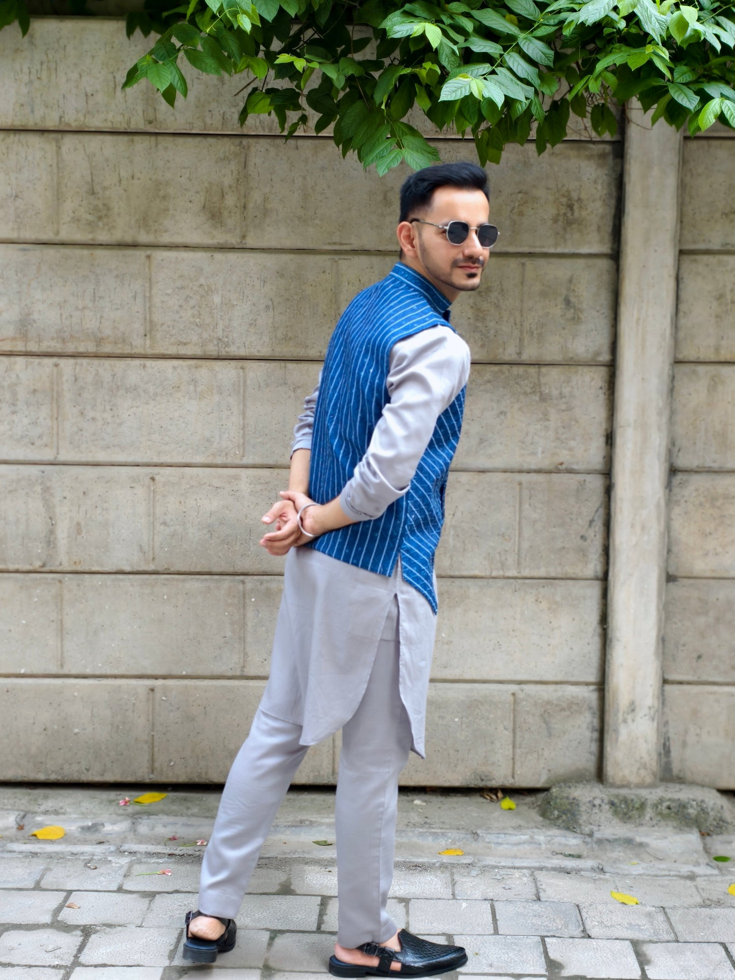 Men’s Grey Kurta Pajama with V-Style Striped Blue Nehru Jacket | Ethnic Wear Set for Parties & Festive Occasions