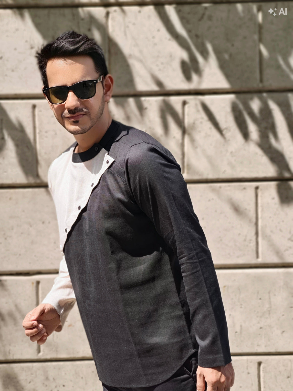 Black & Ecru Asymmetric Linen Short Kurta