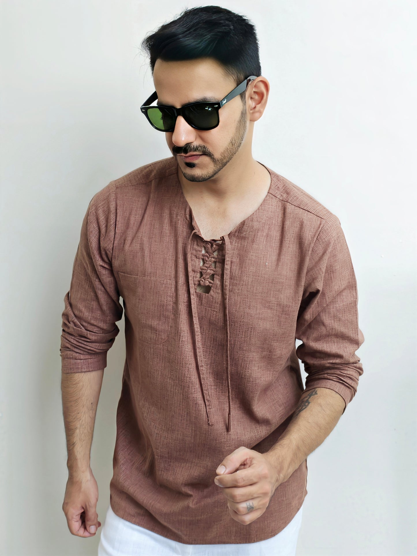 Men’s Brown Lace Up Short Cotton Kurta