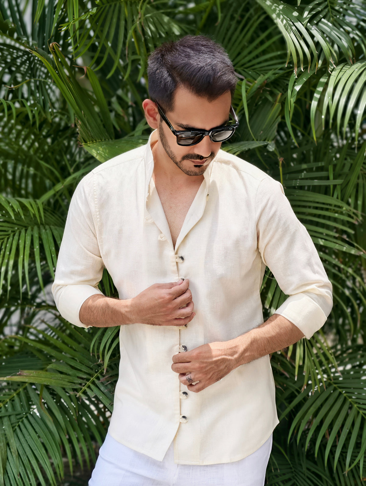 Men's Lemon Mandarin Looped Button Linen Cotton Shirt