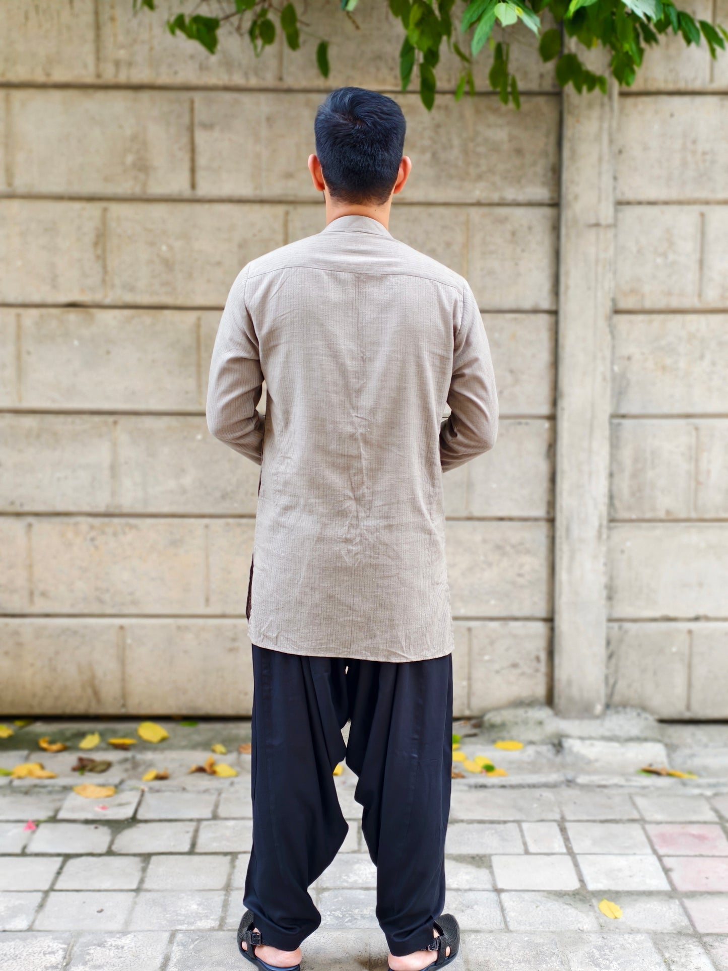 Men’s Taupe Textured Kurta with Black Dhoti Pants – Ethnic Wear Set