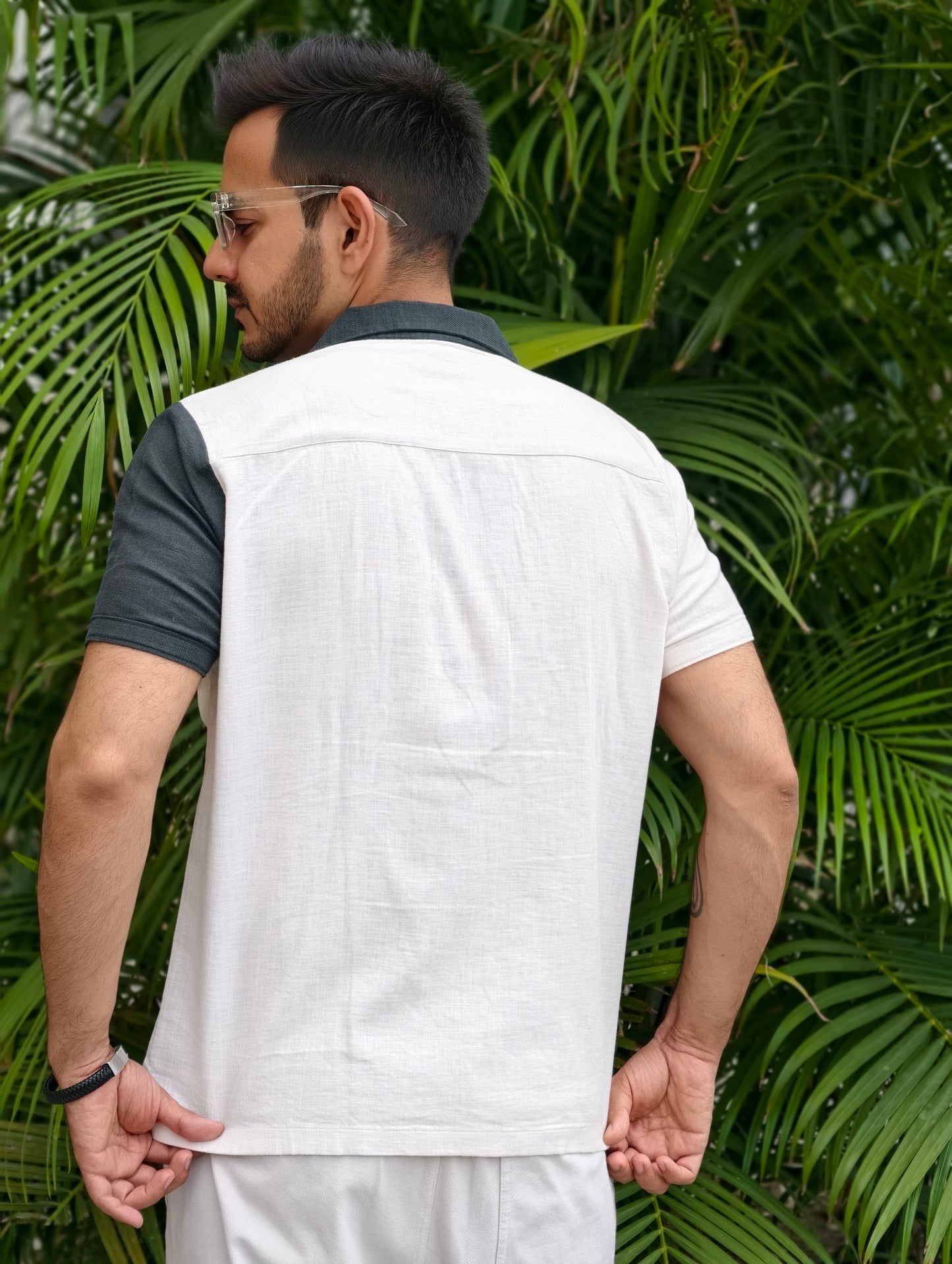 Men's Cream & Dark Green Color Block Shirt