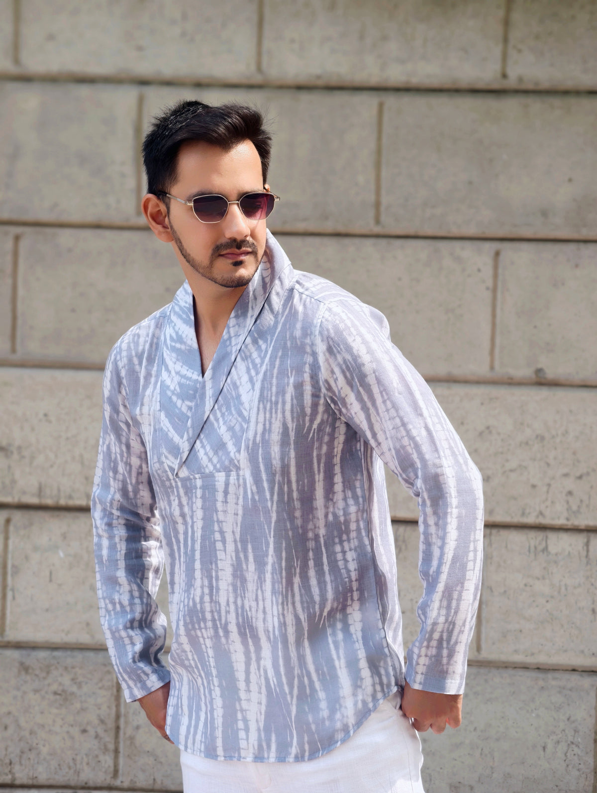 Men’s Grey Tie-Dye Shawl Collar Kurta Shirt