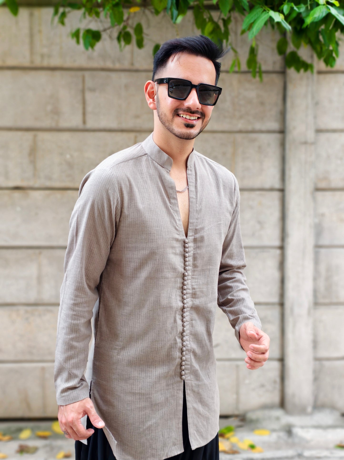 Men’s Taupe Textured Kurta with Black Dhoti Pants – Ethnic Wear Set