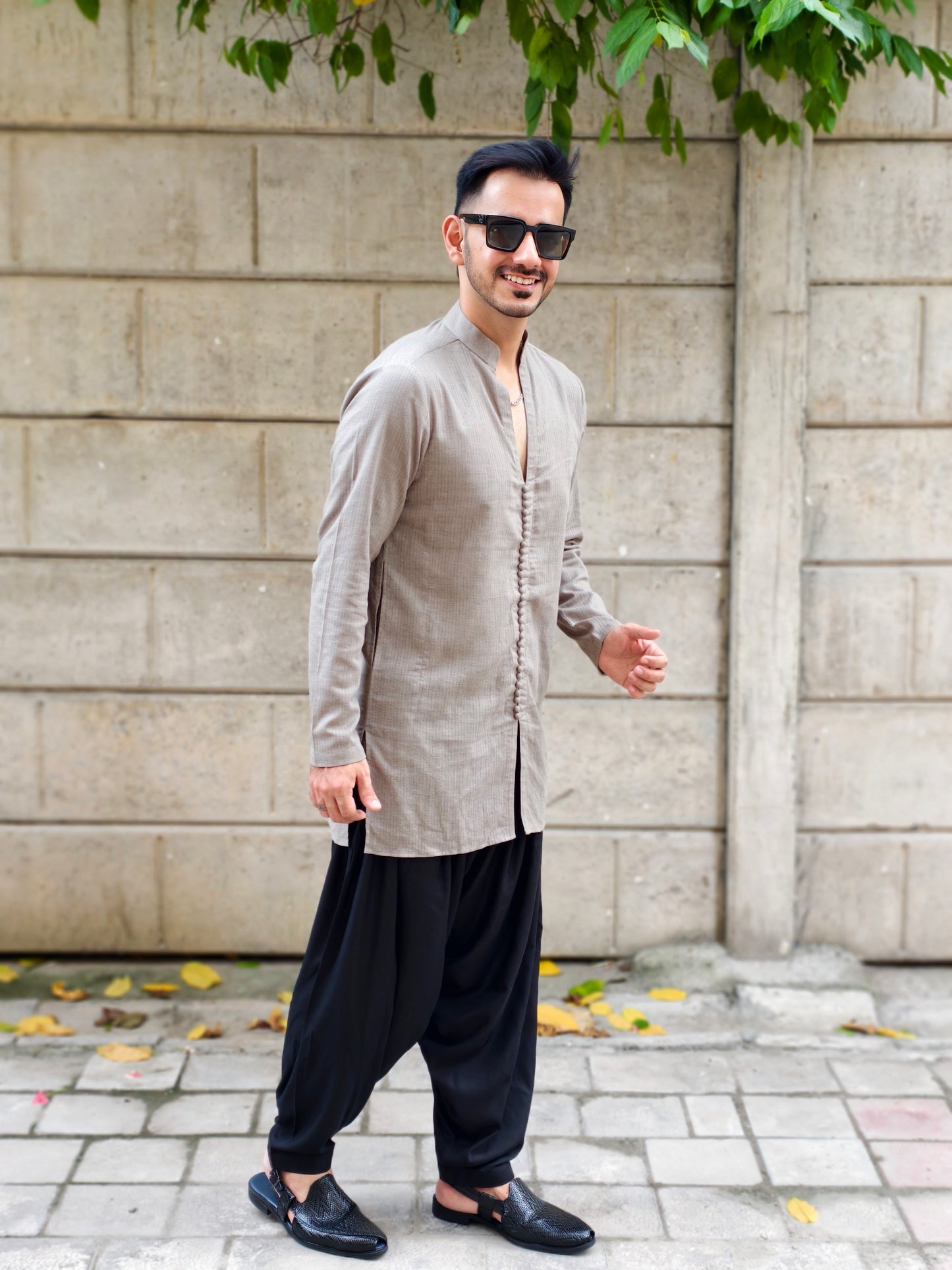 Men’s Taupe Textured Kurta with Black Dhoti Pants – Ethnic Wear Set