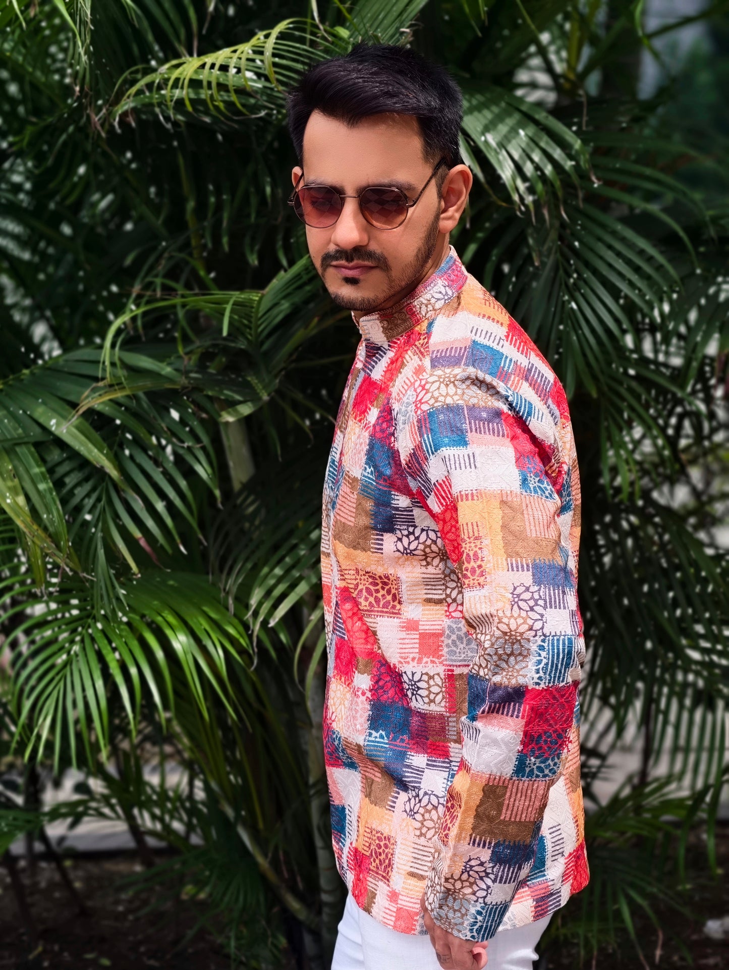 Men’s Multicolor Patchwork V-Mandarin Short Kurta