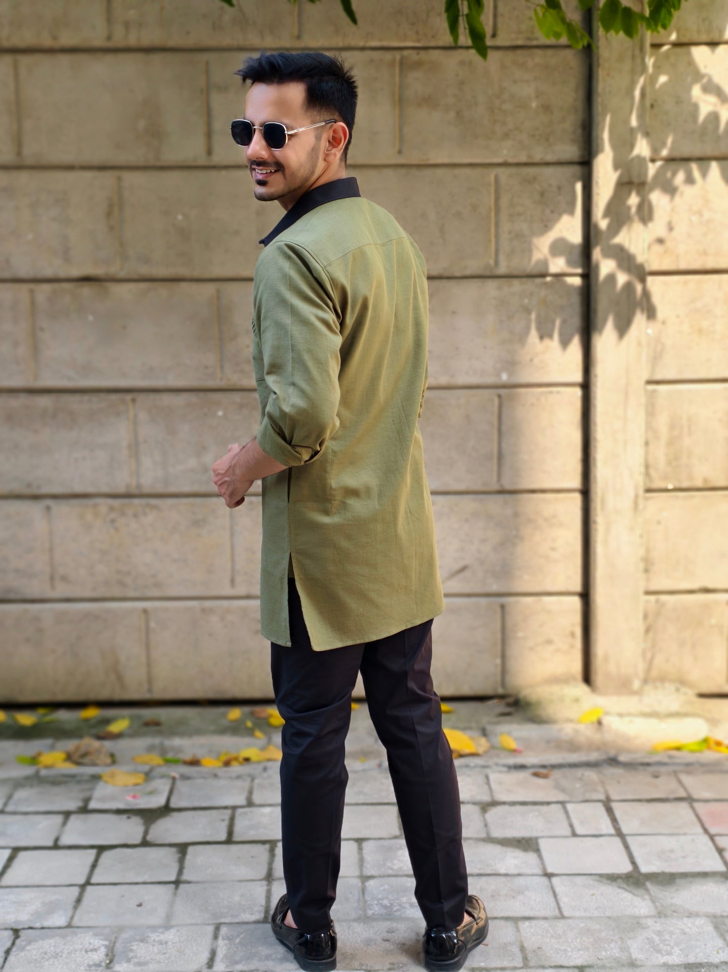 Men’s Olive Green Long Kurta Shirt with Designer Contrast Collar & Cuff with Black Pants | Festive & Party Wear