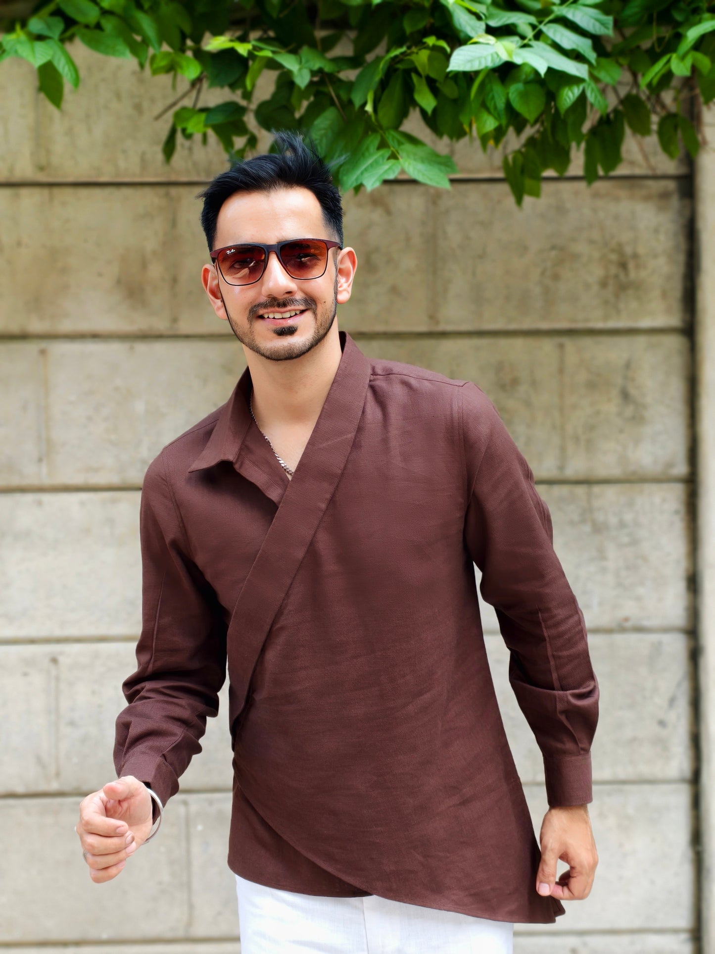 Men’s Designer Brown Asymmetric Casual Wrap Kurta Shirt | Modern Casual & Party Wear