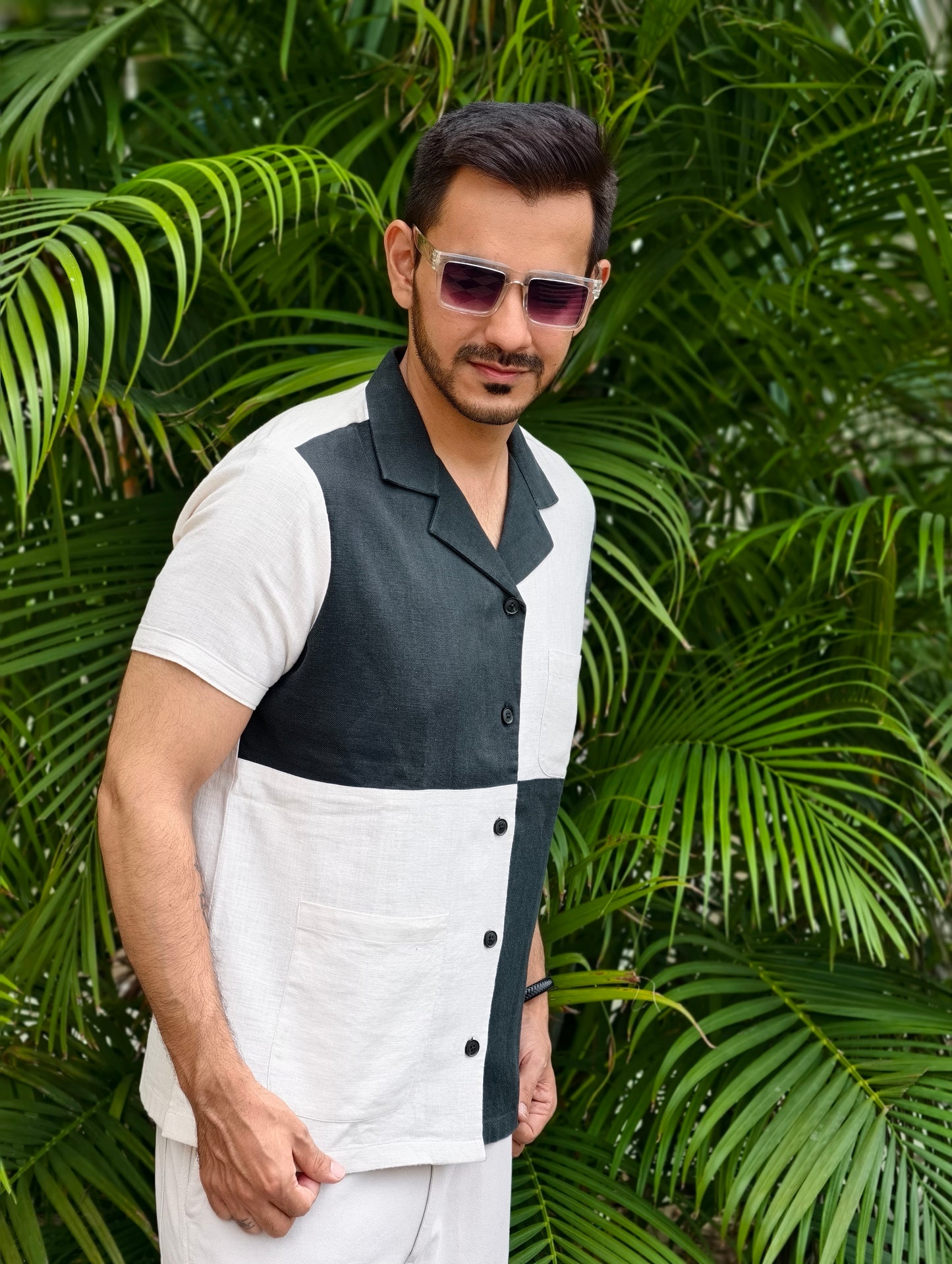 Men's Cream & Dark Green Color Block Shirt