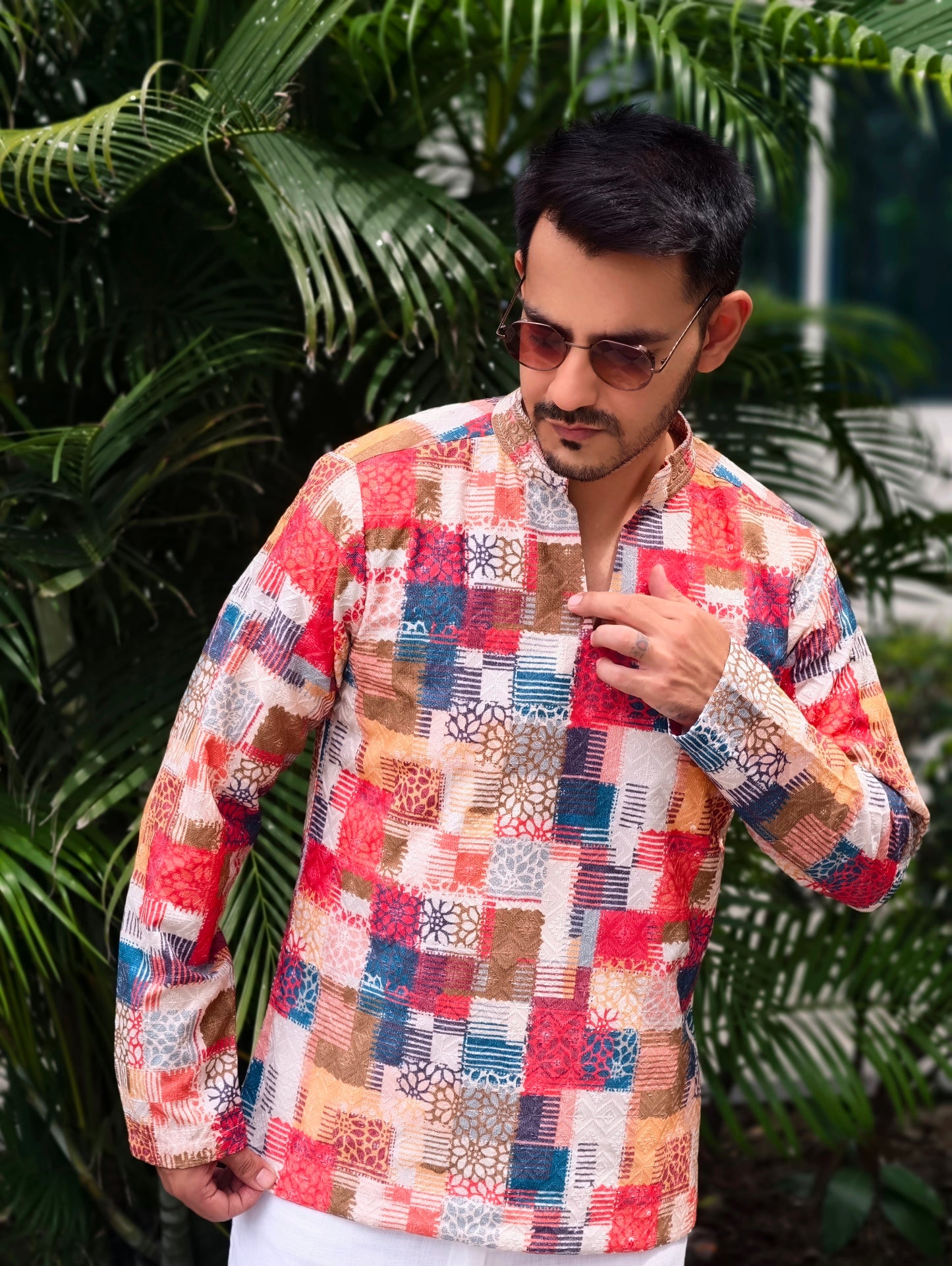 Men’s Multicolor Patchwork V-Mandarin Short Kurta