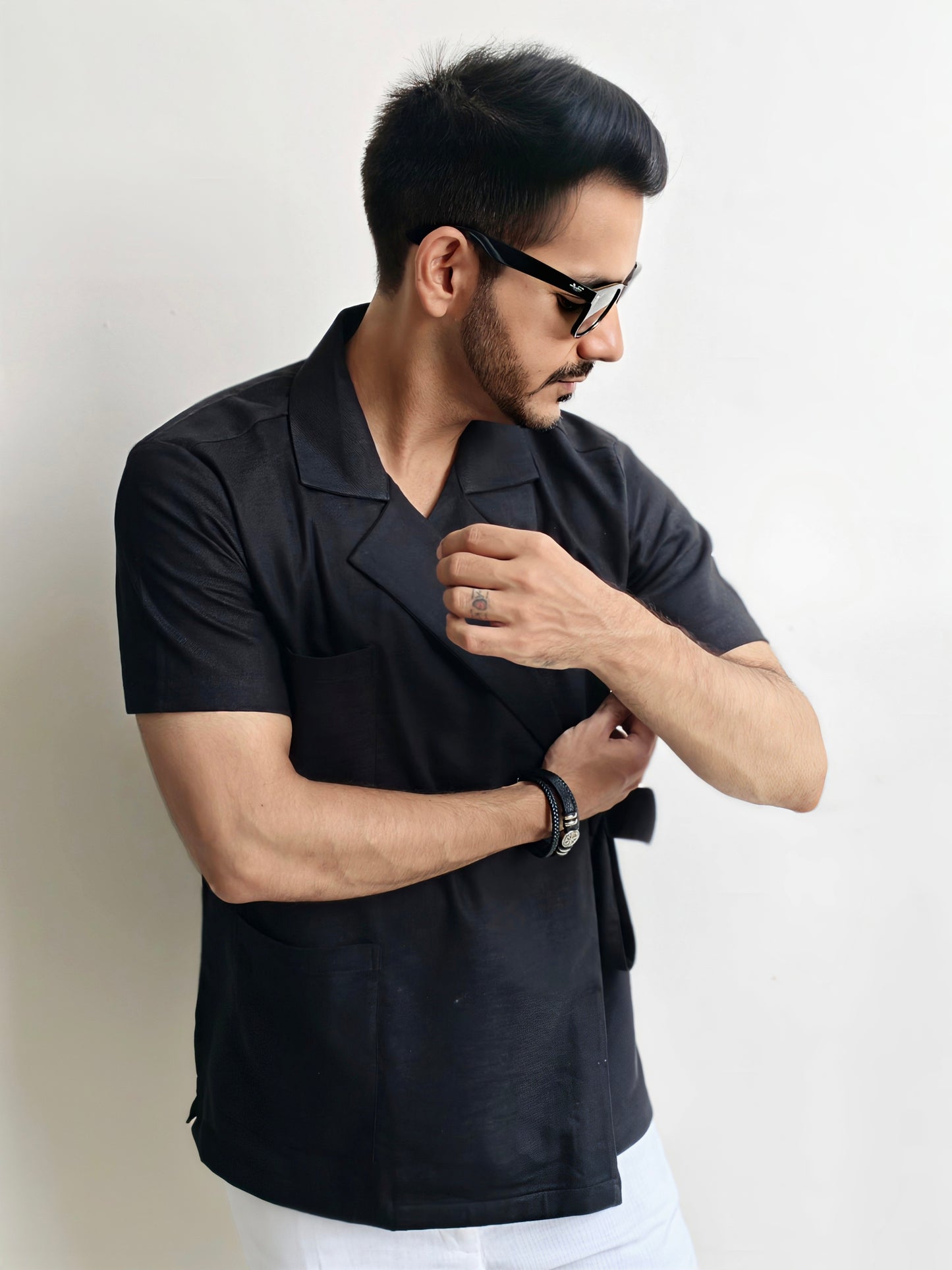 Men’s Black Wrapped Jacket Style Knot Shirt