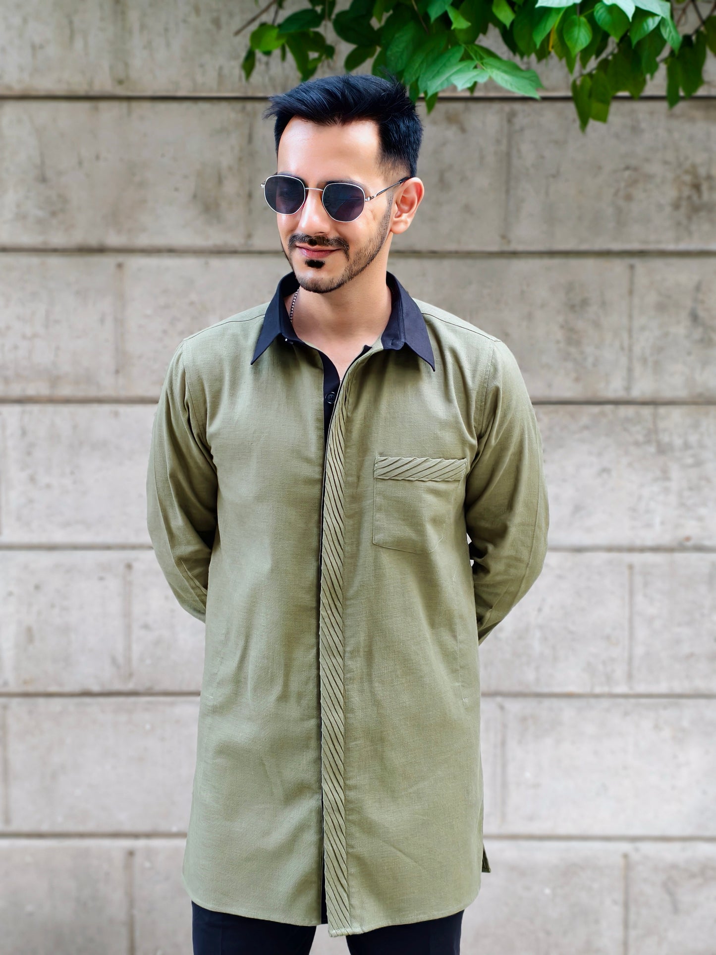 Men’s Olive Green Long Kurta Shirt with Designer Contrast Collar & Cuff with Black Pants | Festive & Party Wear