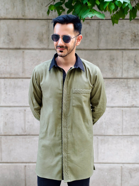 Men’s Olive Green Long Kurta Shirt with Designer Contrast Collar & Cuff with Black Pants | Festive & Party Wear