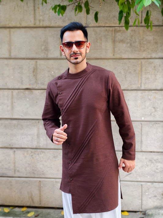 Men’s Brown Asymmetric Button Kurta with White Salwar | Ethnic Wear for Weddings & Festive Occasions