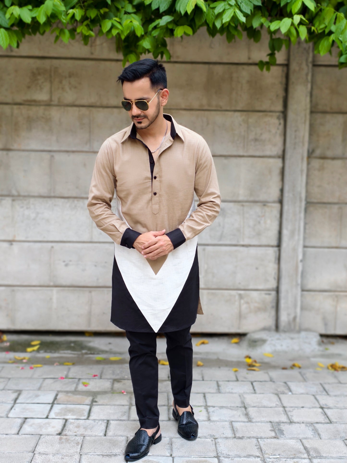 Men’s Designer Black, Khaki and Cream V-Style Contrast Kurta Pajama Set | Stylish Ethnic Wear for Weddings & Parties