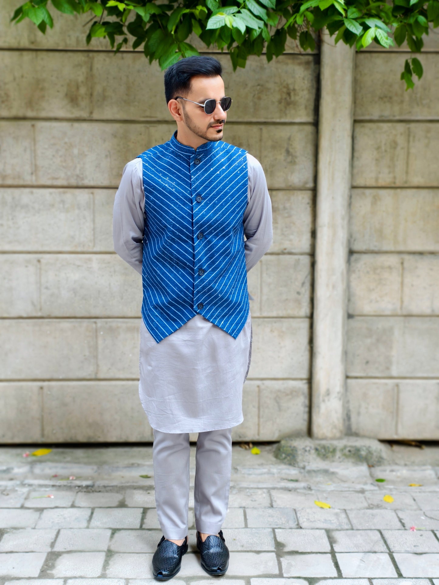 Men’s Grey Kurta Pajama with V-Style Striped Blue Nehru Jacket | Ethnic Wear Set for Parties & Festive Occasions