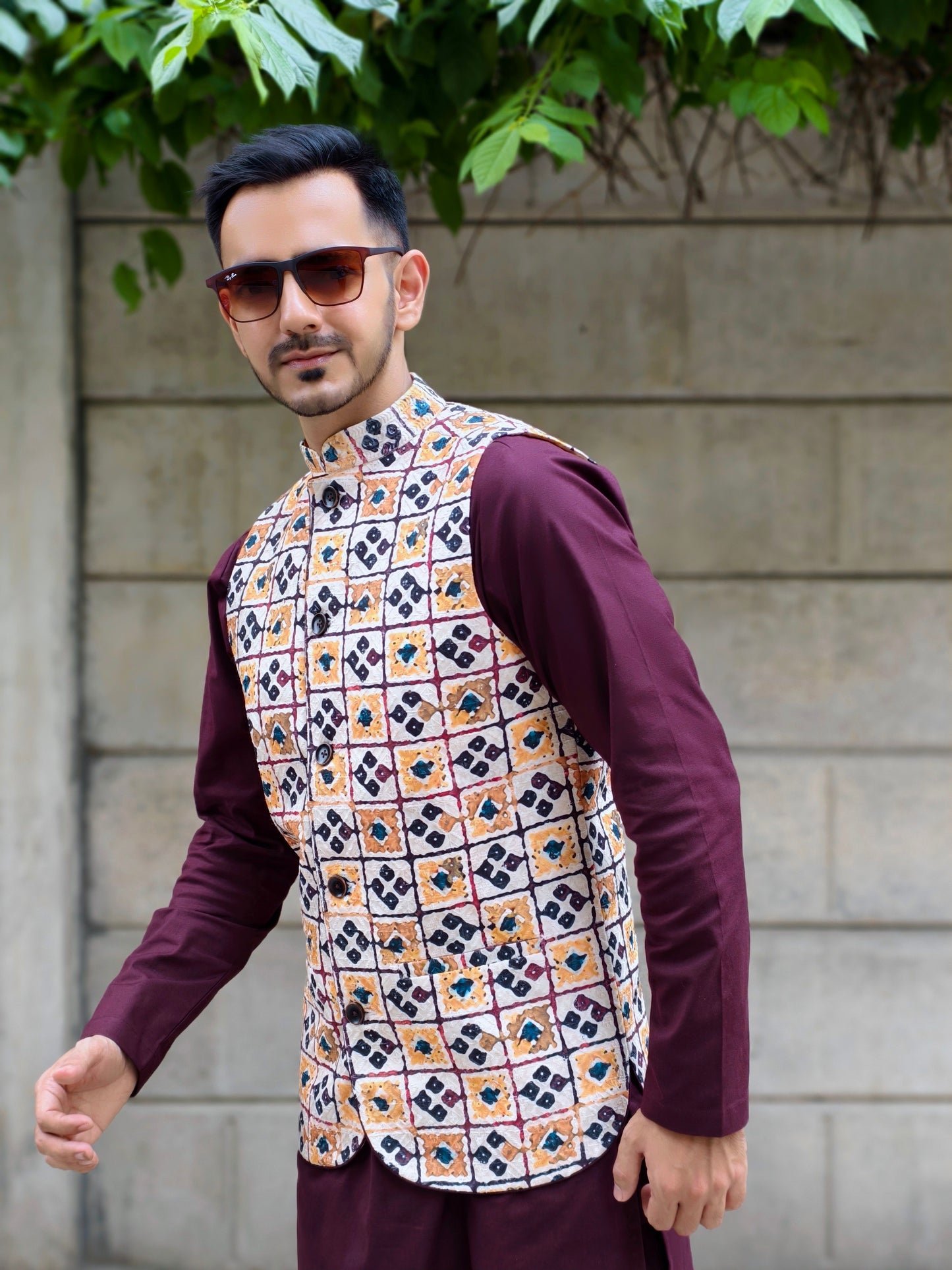 Men’s Multicolor Printed Nehru Jacket with Geometric Pattern | Ethnic Waistcoat for Wedding & Festive Wear