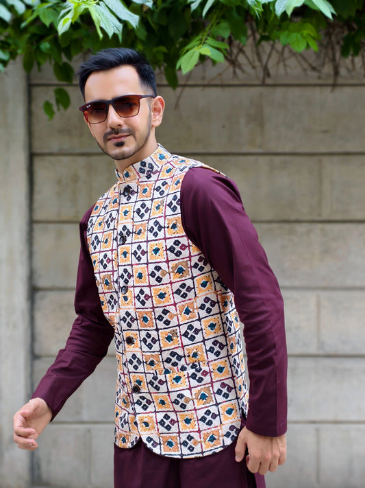 Men’s Multicolor Printed Nehru Jacket with Geometric Pattern | Ethnic Waistcoat for Wedding & Festive Wear