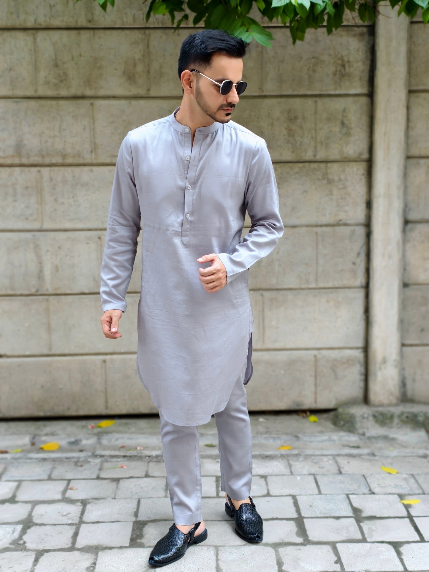Men’s Grey Kurta Pajama with V-Style Striped Blue Nehru Jacket | Ethnic Wear Set for Parties & Festive Occasions