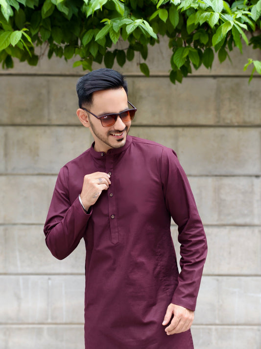 Men’s Solid Maroon Mandarin Collar Kurta Pajama Set | Ethnic Wear for Wedding, Festive & Party