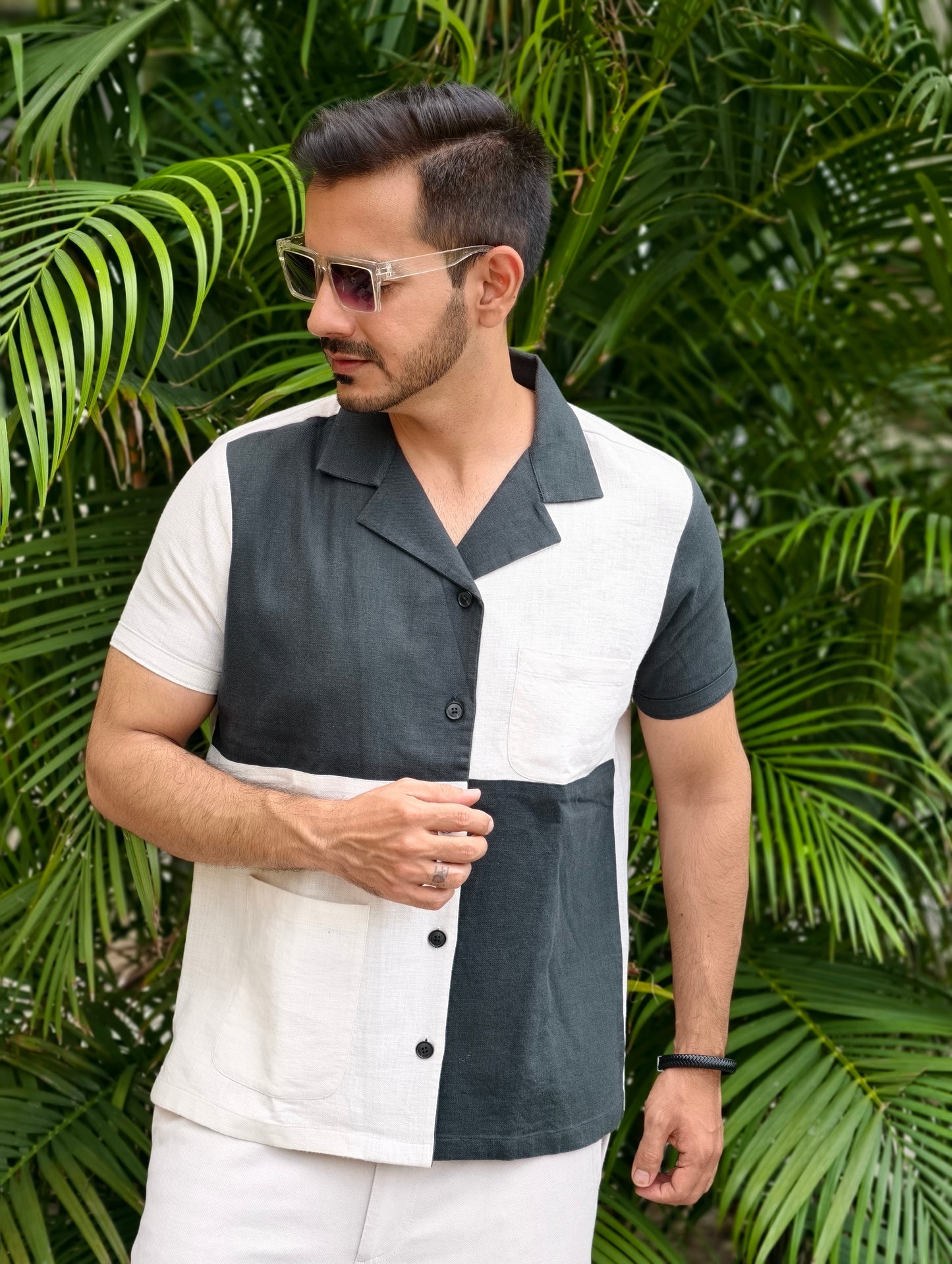 Men's Cream & Dark Green Color Block Shirt