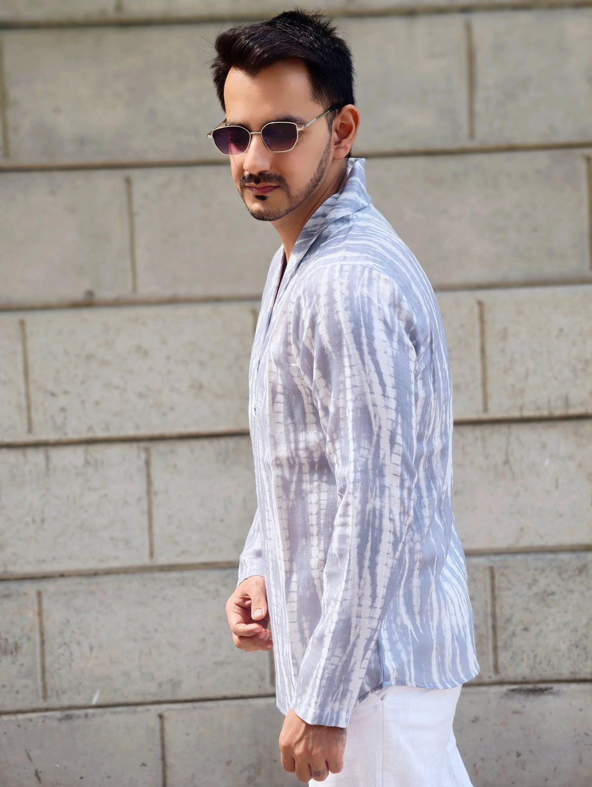 Men’s Grey Tie-Dye Shawl Collar Kurta Shirt