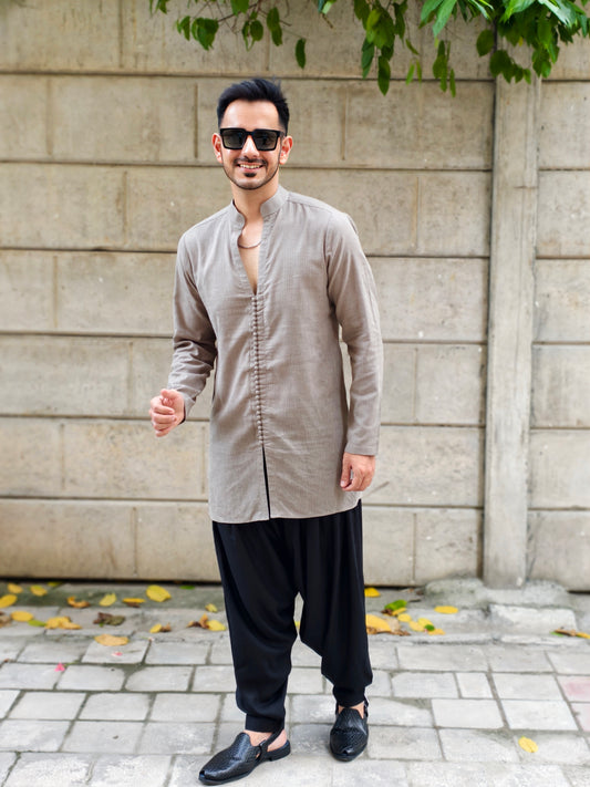 Men’s Taupe Textured Kurta with Black Dhoti Pants – Ethnic Wear Set