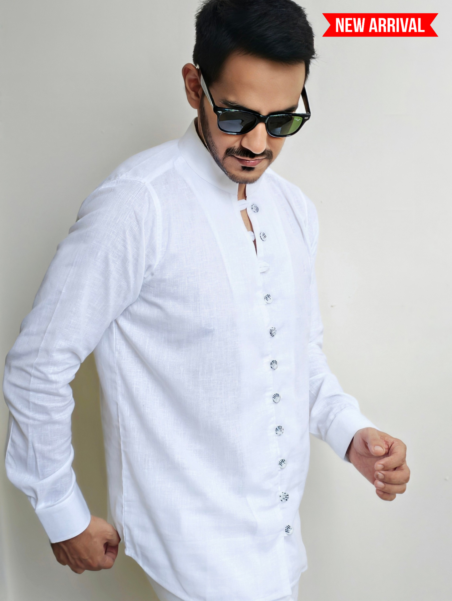 Men's White Mandarin Looped Button Linen Cotton Shirt