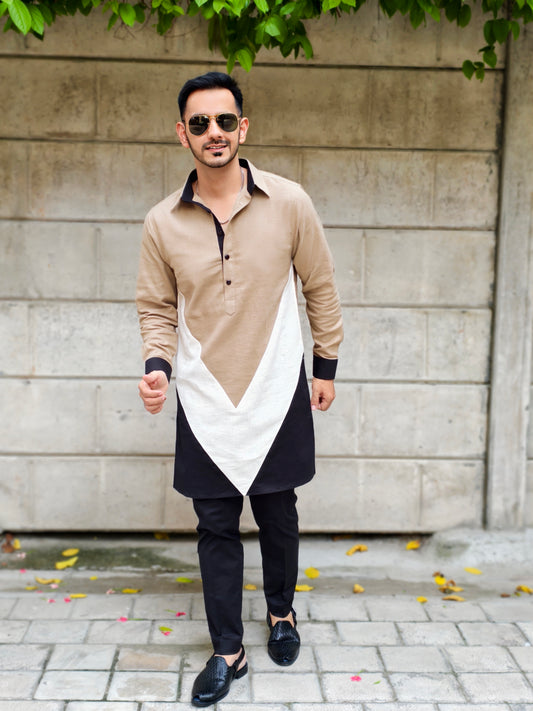 Men’s Designer Black, Khaki and Cream V-Style Contrast Kurta Pajama Set | Stylish Ethnic Wear for Weddings & Parties