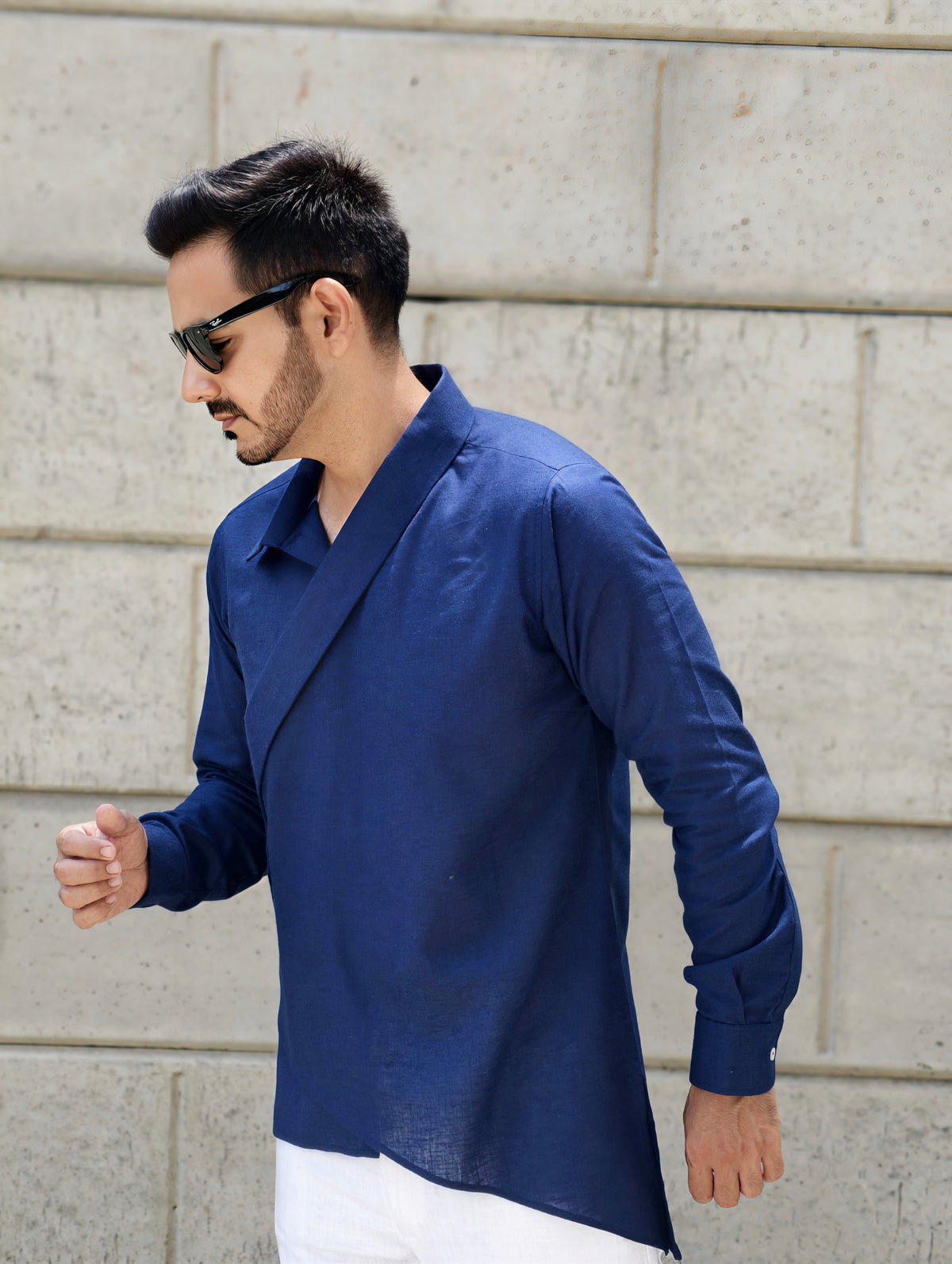 Men’s Navy Asymmetrical Casual Wrap Linen Kurta Shirt
