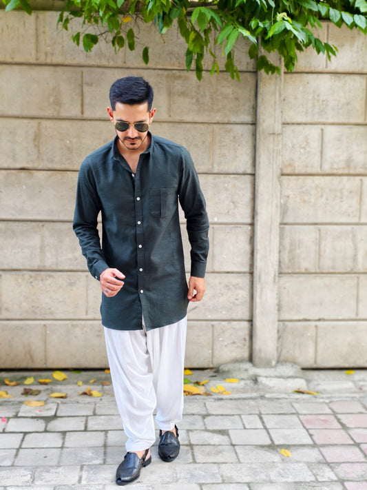 Men’s Dark Green Shirt-Style Kurta with White Dhoti Pants – Modern Ethnic Wear