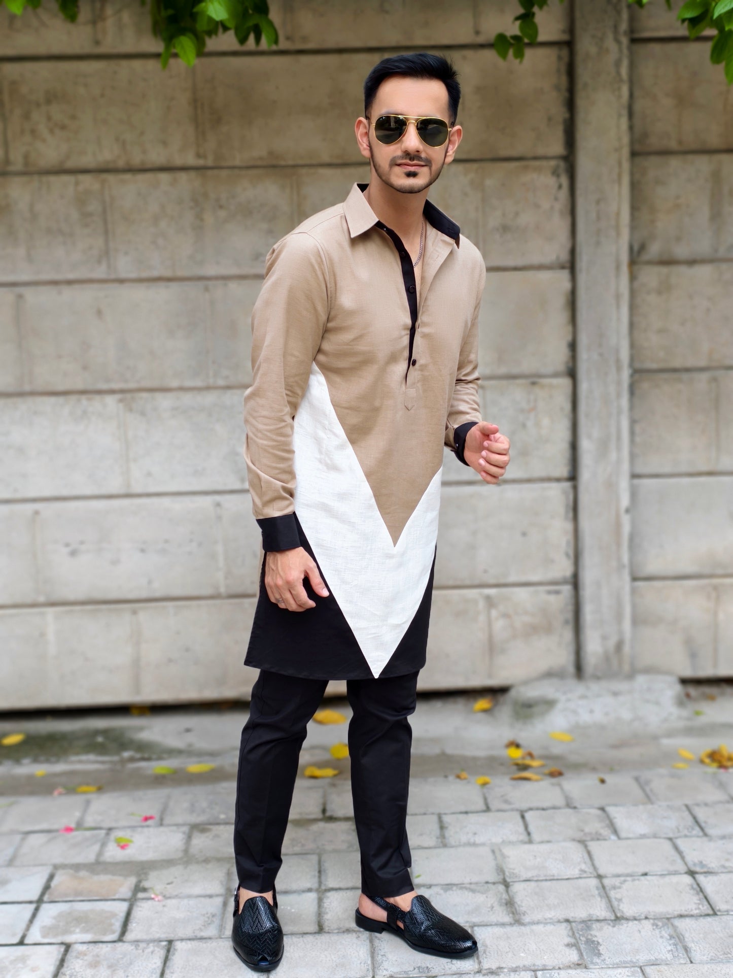 Men’s Designer Black, Khaki and Cream V-Style Contrast Kurta Pajama Set | Stylish Ethnic Wear for Weddings & Parties