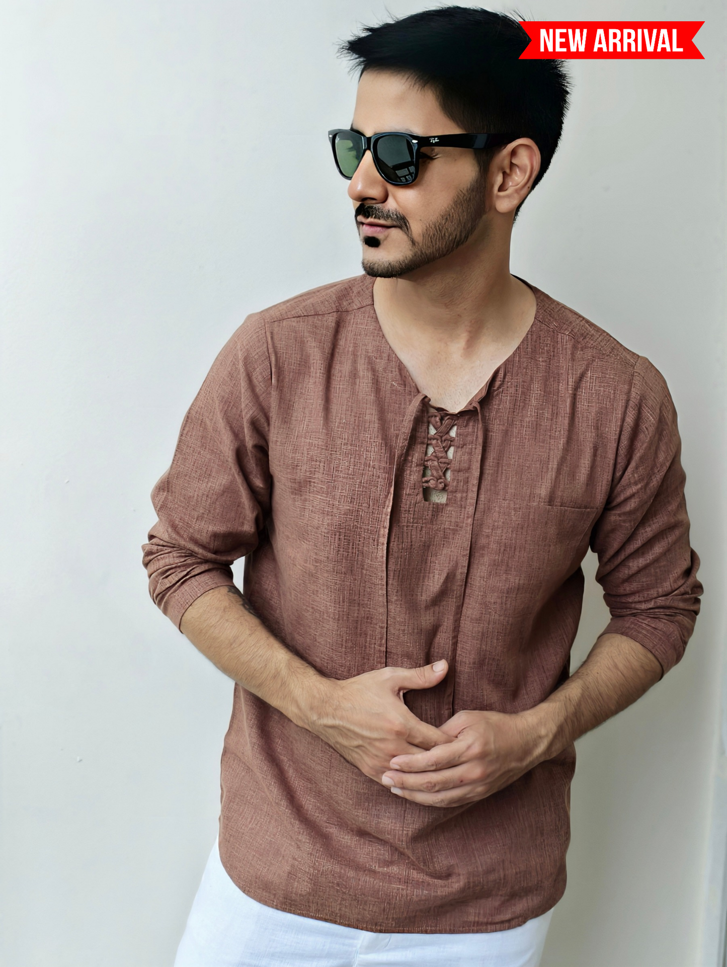 Men’s Brown Lace Up Short Cotton Kurta