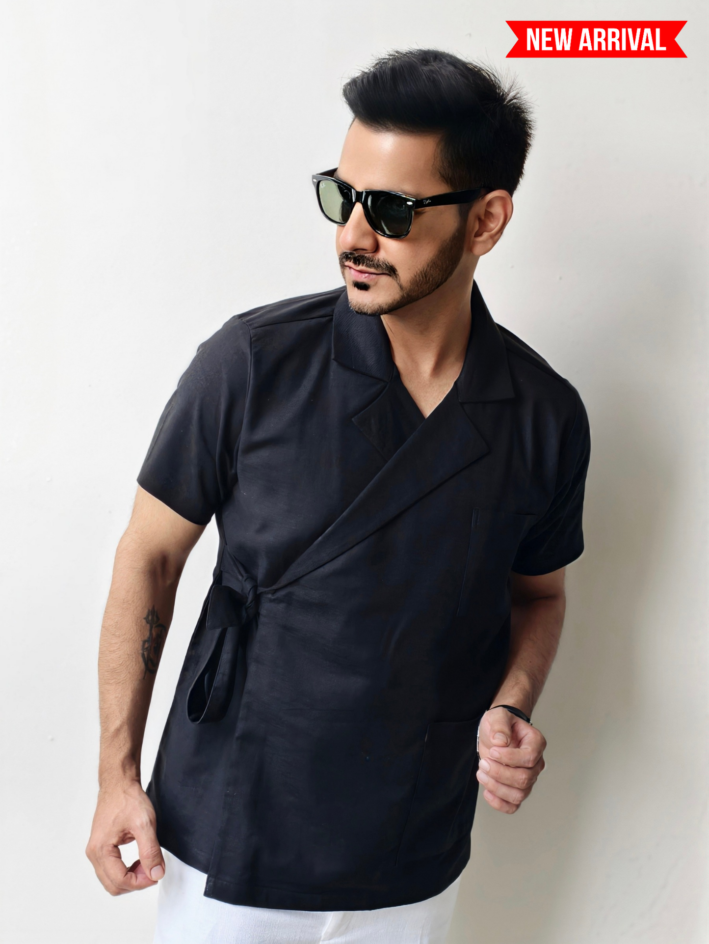 Men’s Black Wrapped Jacket Style Knot Shirt