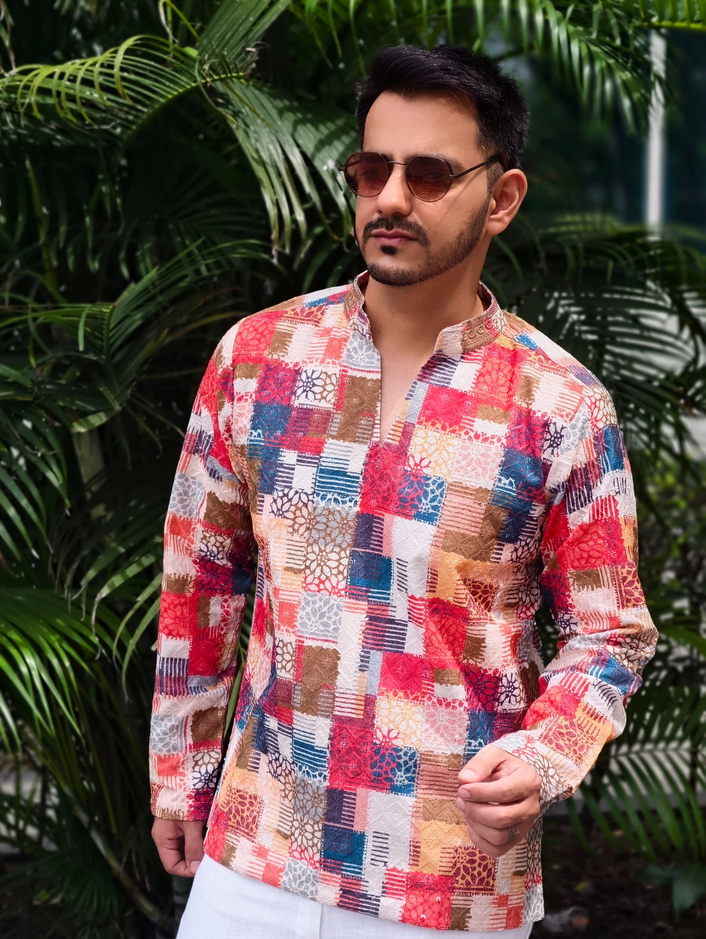 Men’s Multicolor Patchwork V-Mandarin Short Kurta