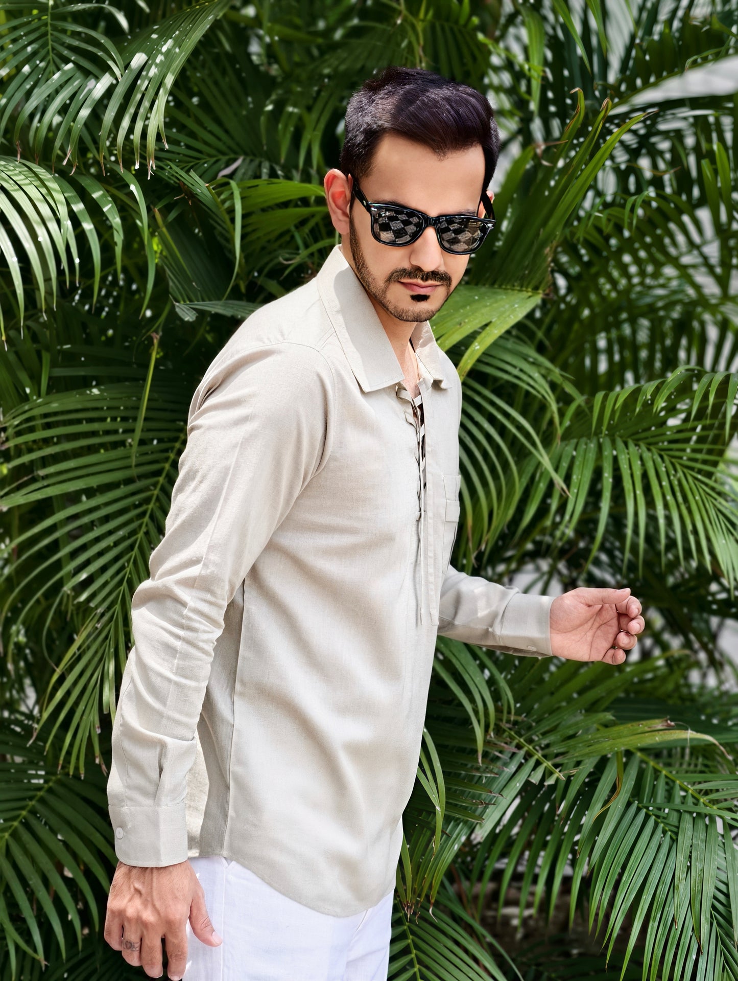 Men’s Lace-Up Collar Linen Cotton Kurta Shirt