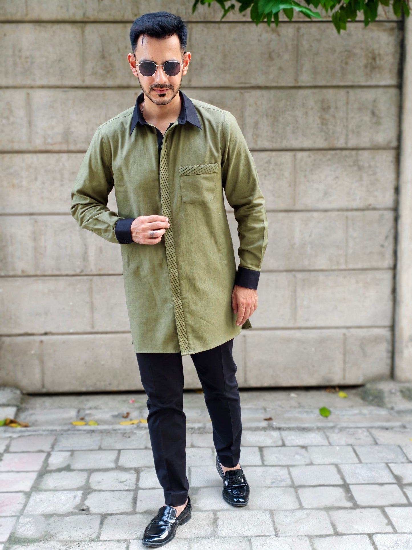 Men’s Olive Green Long Kurta Shirt with Designer Contrast Collar & Cuff with Black Pants | Festive & Party Wear